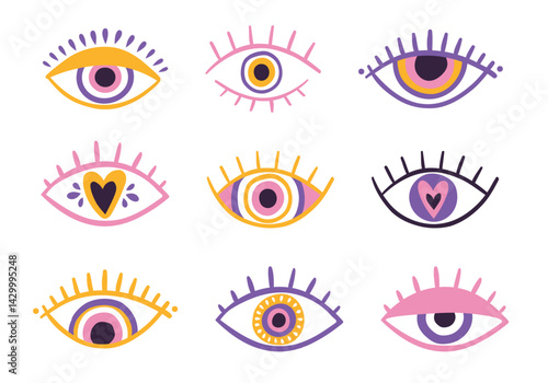 Set of evil eyes, Turkish and Greek culture. Esoteric talisman in different shapes. Hand drawn in pink tones. Flat design. Modern and contemporary vector illustration..eps