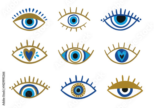 Set of evil, Ra, Turkish, Greek and esoteric eyes in different shapes. Hand drawn talismans in blue and yellow tones. Flat design. Modern vector illustration..eps