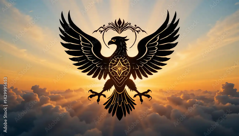 Obraz premium Garuda bird icon over a sunrise horizon with light rays piercing through clouds