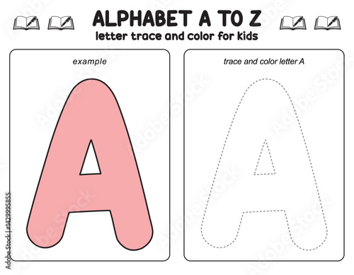 Trace line and coloring  alphabet and number worksheet for kids, educational games, preschool children , activity games