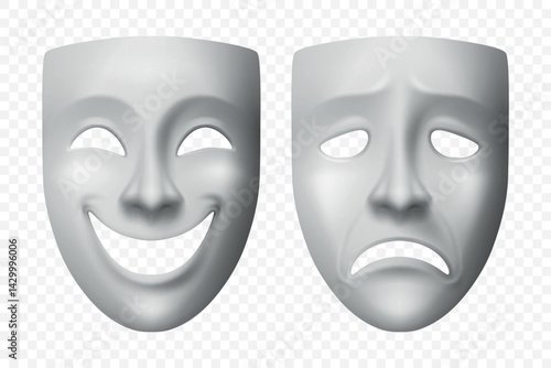 Vector 3d Realistic Comedy and Tragedy Theater Mask Icon Set. Classic Drama Symbol for Acting, Stage Performance, Emotions, Performing Arts, Sad, Happy Face Masks. Greek Theater, Drama Class Concept