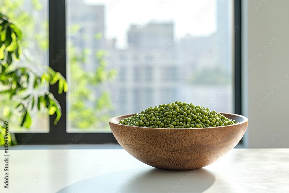 Wooden bowl with mung beans, city view Wooden bowl with mung beans, city view