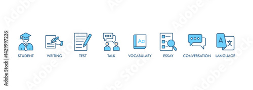 English class banner web icon set vector illustration symbol concept with icon of student, language, talk, writing, vocabulary, essay, conversation, test