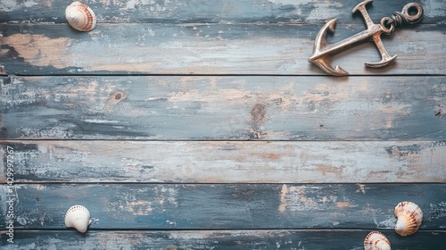 Worn wood boards with decorative anchor and seashells arranged in a coastal flat lay