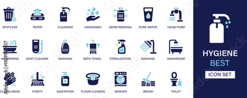 Hygiene icon set collection. Spotless, paper, cleanser, germ removal, pure water, hand pump, showering, dust cleaner and best solid icon set.