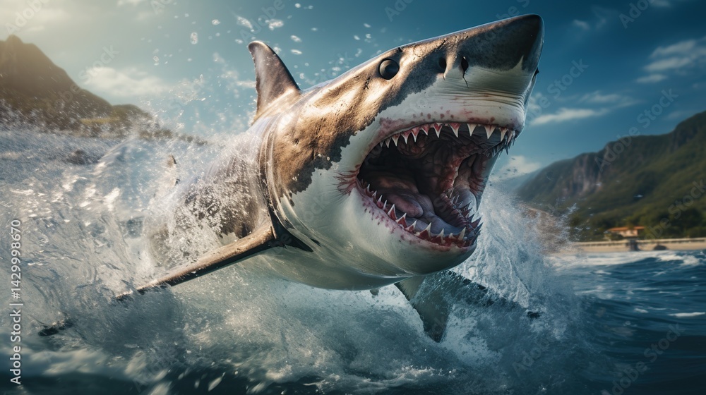 Fototapeta premium Great White Shark Leaping From the Water