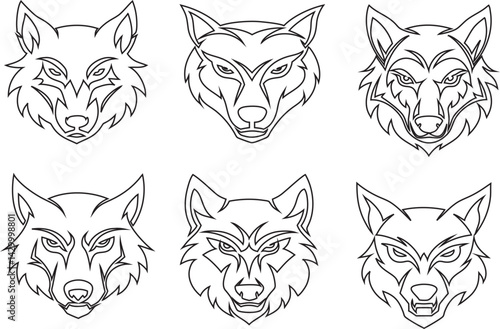 Wolf head line vector icon set – sleek outline collection of wild animal symbols, fierce predator logos, minimalist canine illustrations, and mascot graphic design elements.

