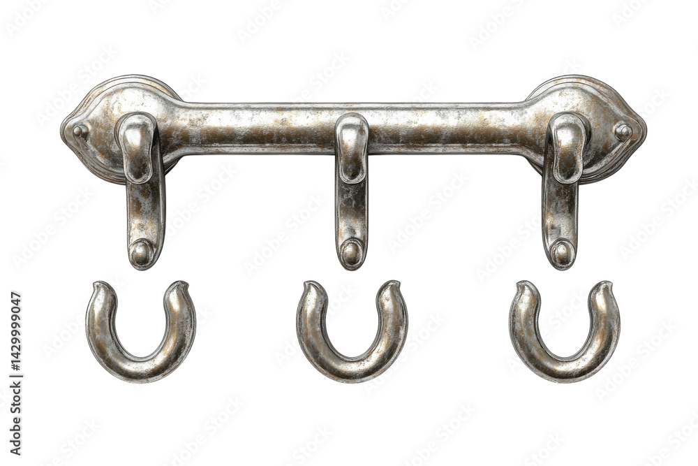 Antique silver triple hook rack wall mount rustic aged metal design perfect for keys coats or on transparent background Antique silver triple hook rack wall mount rustic aged metal design perfect for keys coats or on transparent background