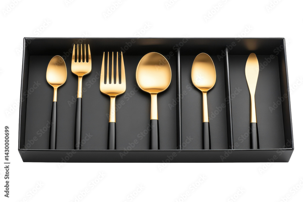 Fototapeta premium Elegant gold and black cutlery set in a luxury gift box perfect for special occasions or as a on transparent background