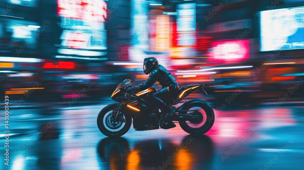 Fototapeta premium A futuristic biker riding a motorcycle at high speeds through neon city streets