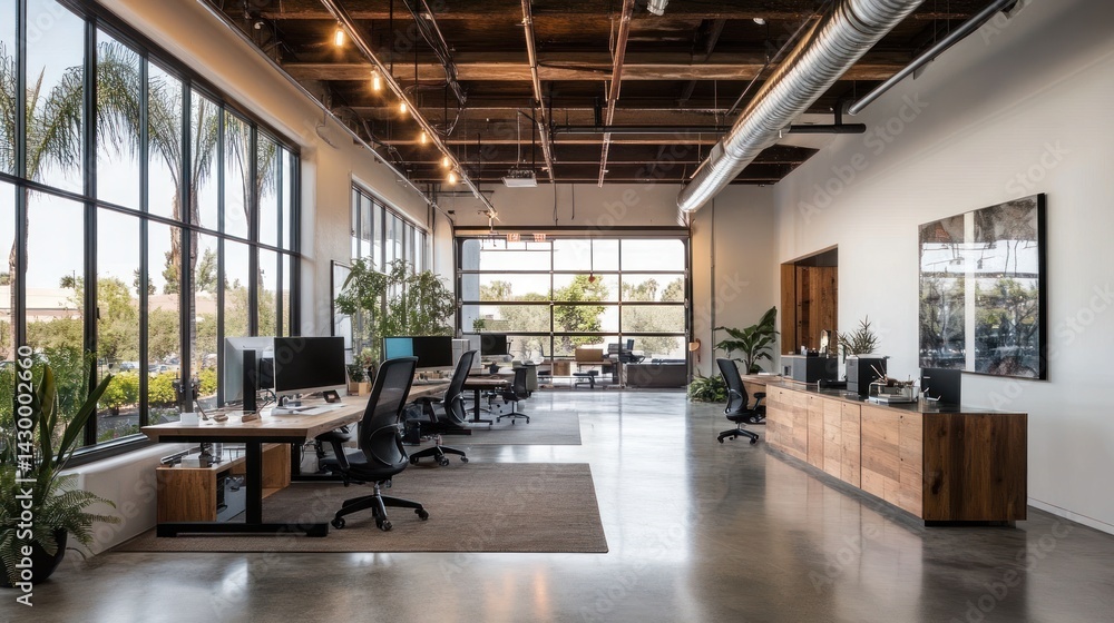 Modern Industrial Office Space Design: Open Plan Workspace with Natural Light and Wooden Accents Modern Industrial Office Space Design: Open Plan Workspace with Natural Light and Wooden Accents