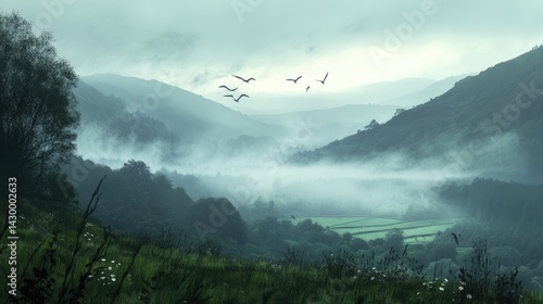 A misty morning over an Irish valley, with birds soaring through the fog and rolling hills in the distance.