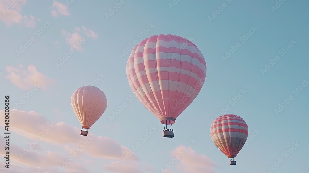 Naklejka premium Pastel hot air balloons soar peacefully in a light sky.