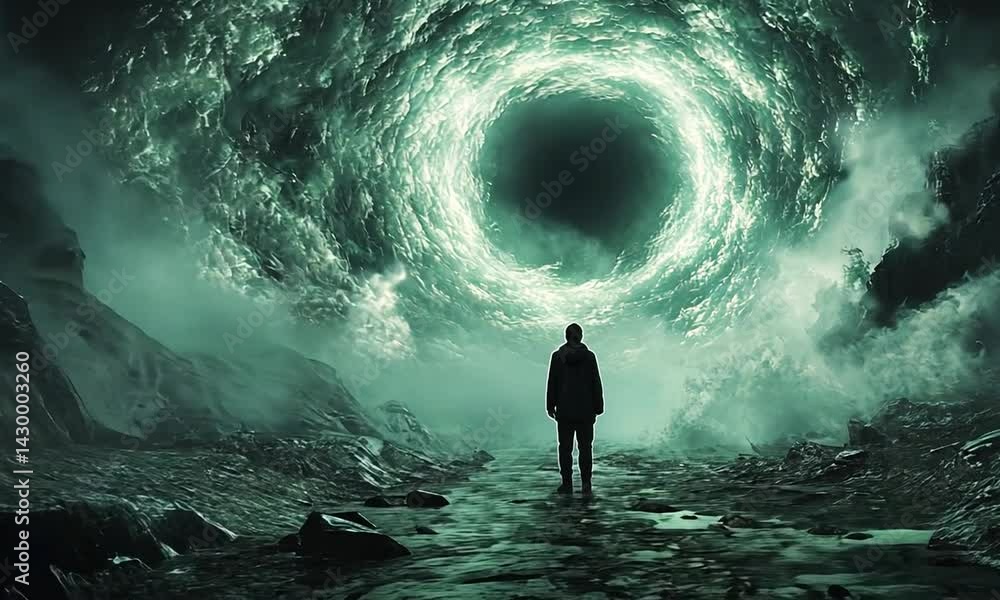 A lone figure stands before a swirling vortex in a dark, mystical landscape, evoking mystery A lone figure stands before a swirling vortex in a dark, mystical landscape, evoking mystery