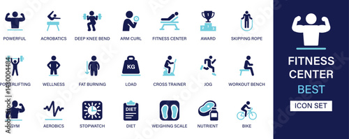 Fitness center icon set collection. Powerful, acrobatics, deep knee bend, fitness center, award, skipping rope, powerlifting, wellness, load and best solid icon set.