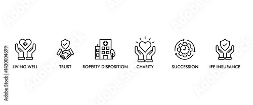 Estate planning banner web icon vector illustration concept with icon of living well, trust, property disposition, charity, succession, life insurance
