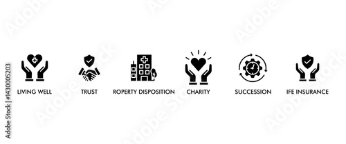 Estate planning banner web icon vector illustration concept with icon of living well, trust, property disposition, charity, succession, life insurance