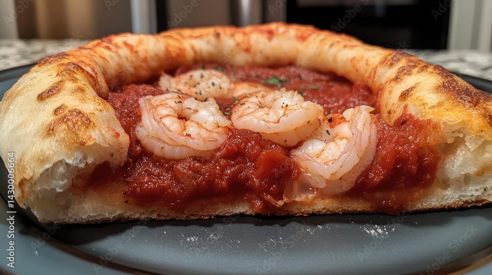 Half-eaten shrimp pizza with visible shrimp pieces and spicy tomato sauce smears Half-eaten shrimp pizza with visible shrimp pieces and spicy tomato sauce smears