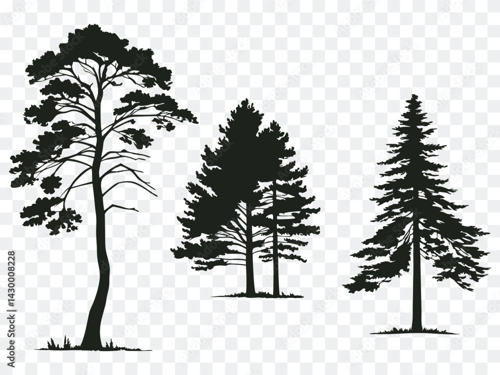 Silhouette set of tall forest trees including pine and fir variations, ideal for wilderness themes, outdoor adventure designs, nature backgrounds, and vector landscape art projects.