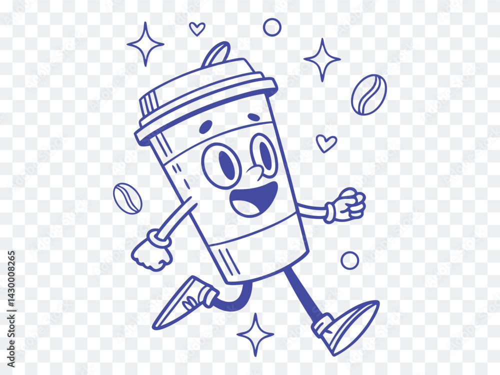 Cute coffee cup mascot character with happy face and sneakers, running with sparkles, beans, and hearts, ideal for café branding, fun drink promotions, and energetic beverage designs.