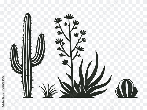 Obraz na płótnie Desert cactus silhouette vector illustration featuring various succulent plants in black outline style, perfect for arid climate themes, botanical graphics, and minimalist southwestern designs. w salonie
