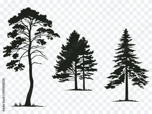 Obraz na płótnie Silhouette set of tall forest trees including pine and fir variations, ideal for wilderness themes, outdoor adventure designs, nature backgrounds, and vector landscape art projects.
w salonie