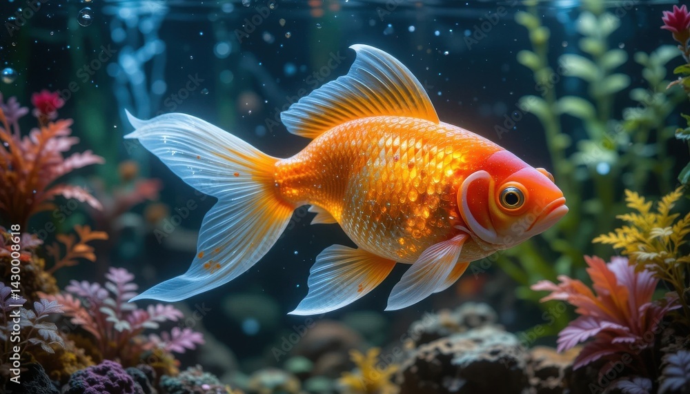 Fototapeta premium Golden Fish in Aquarium: A captivating image of a golden fish gracefully navigating a meticulously crafted aquarium.