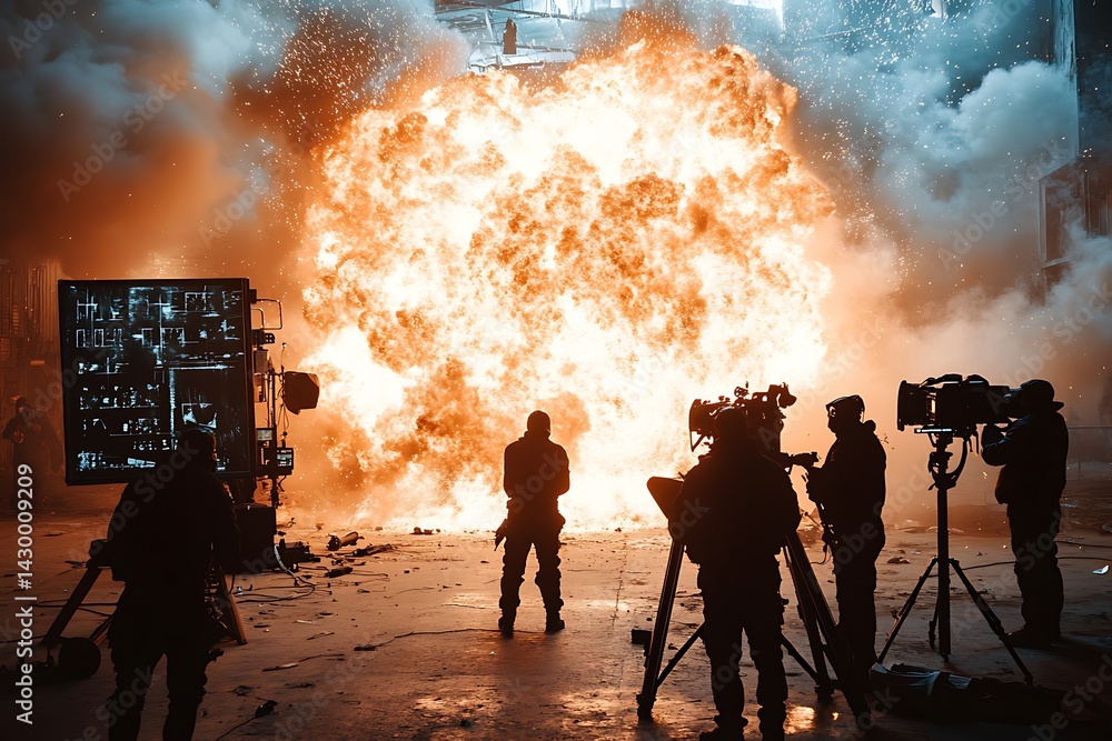Fototapeta premium Fire Explosion Filming; indoor; crew; action; dramatic