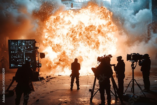 Fire Explosion Filming; indoor; crew; action; dramatic