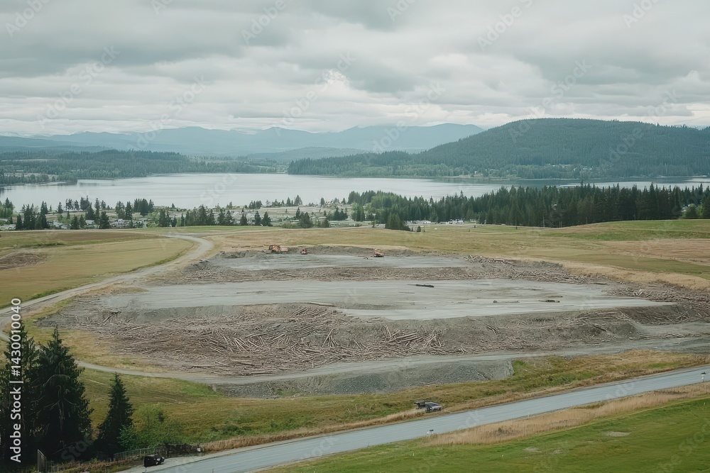 Empty construction site overlooking lake Empty construction site overlooking lake