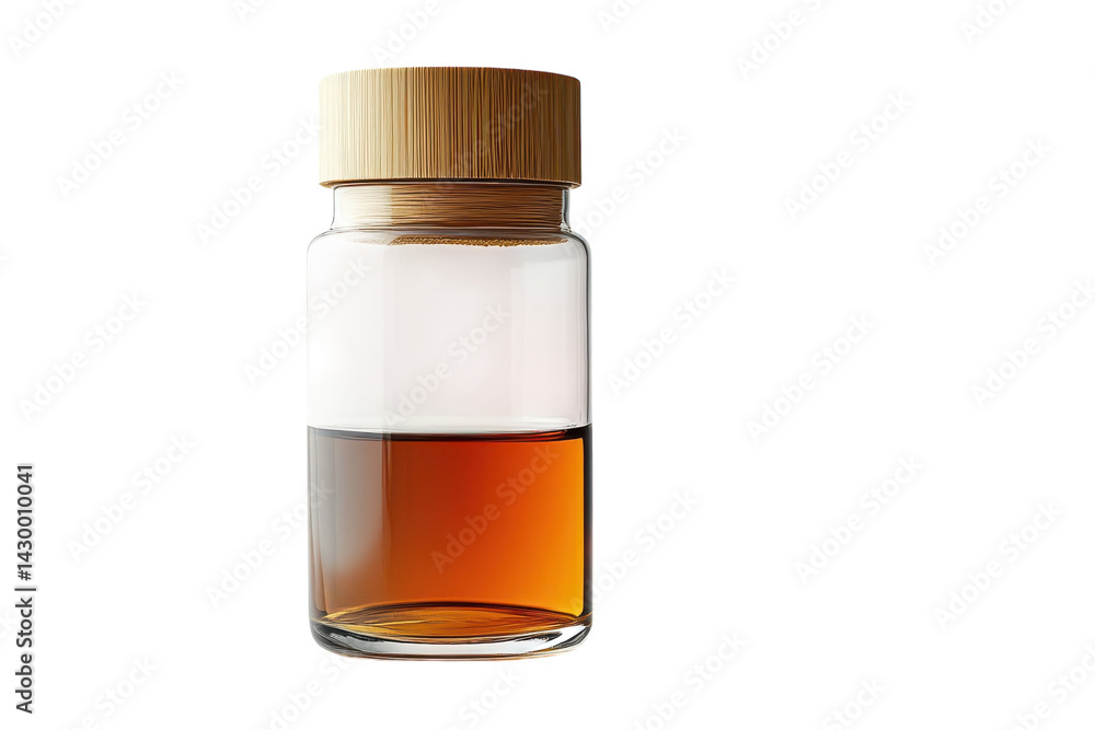 Amber liquid in a frosted glass bottle with a bamboo lid against a black background A visually on transparent background Amber liquid in a frosted glass bottle with a bamboo lid against a black background A visually on transparent background