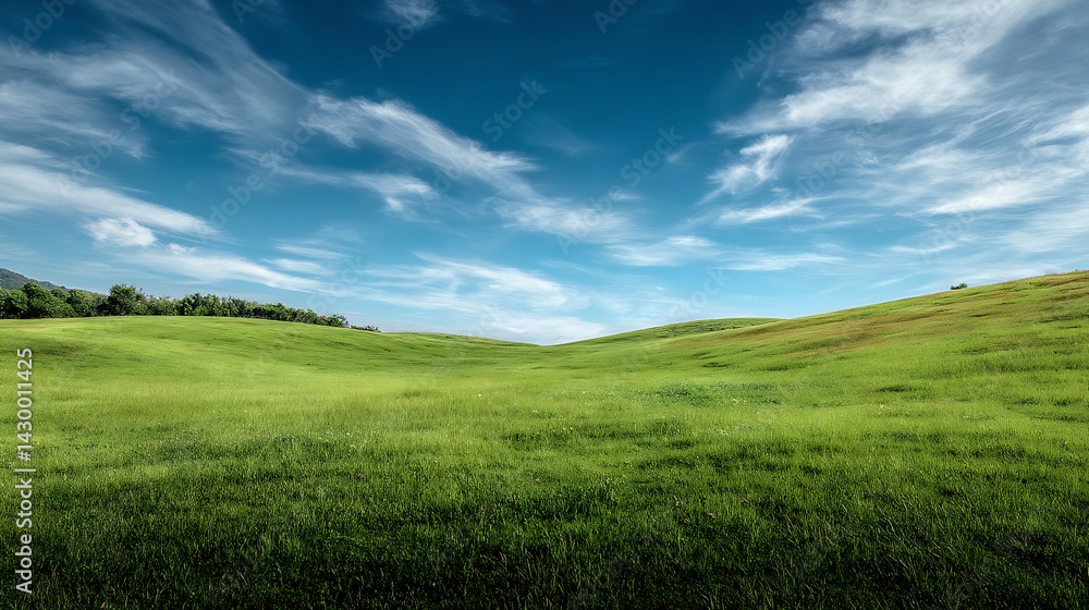 A peaceful, wide-open green grass field under a bright blue sky with soft clouds A peaceful, wide-open green grass field under a bright blue sky with soft clouds
