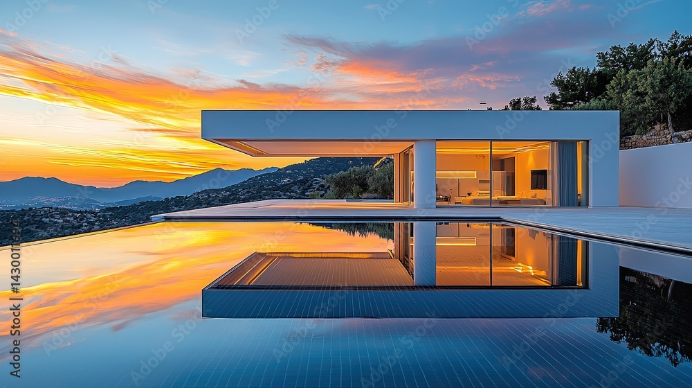 Fototapeta premium Modern minimalist villa with infinity pool reflecting a breathtaking sunset.