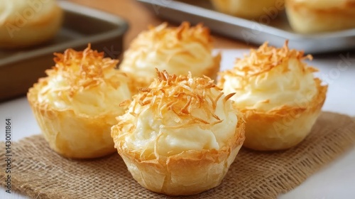 Coconut cream puffs in a rustic bakery setting with burlap and baking trays in the background
