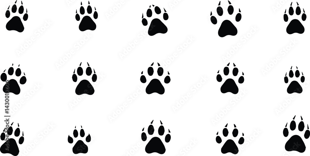 Fototapeta premium Seamless Dog Paw Print Pattern – Black Silhouette Animal Tracks Vector Background for Decor & Design