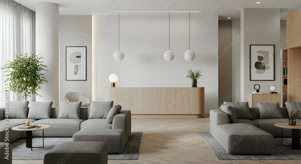Fototapeta premium Serene Minimalist Lounge Design Modern Interior Architecture with Neutral Tones and Natural Light