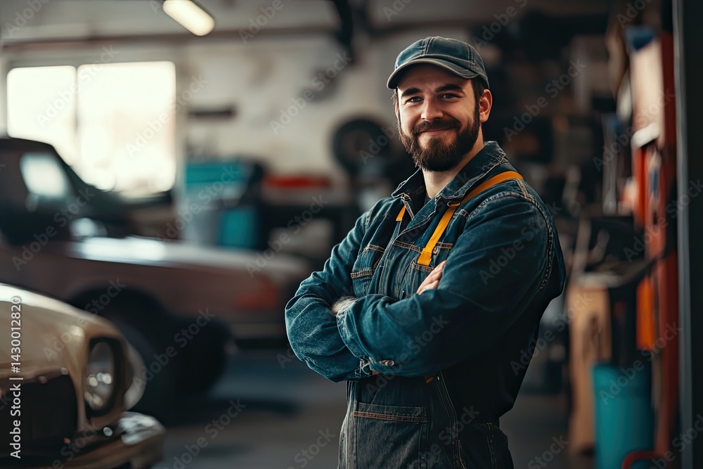 Portrait of a proud mechanic standing next to a car in a garage. Portrait of a proud mechanic standing next to a car in a garage.