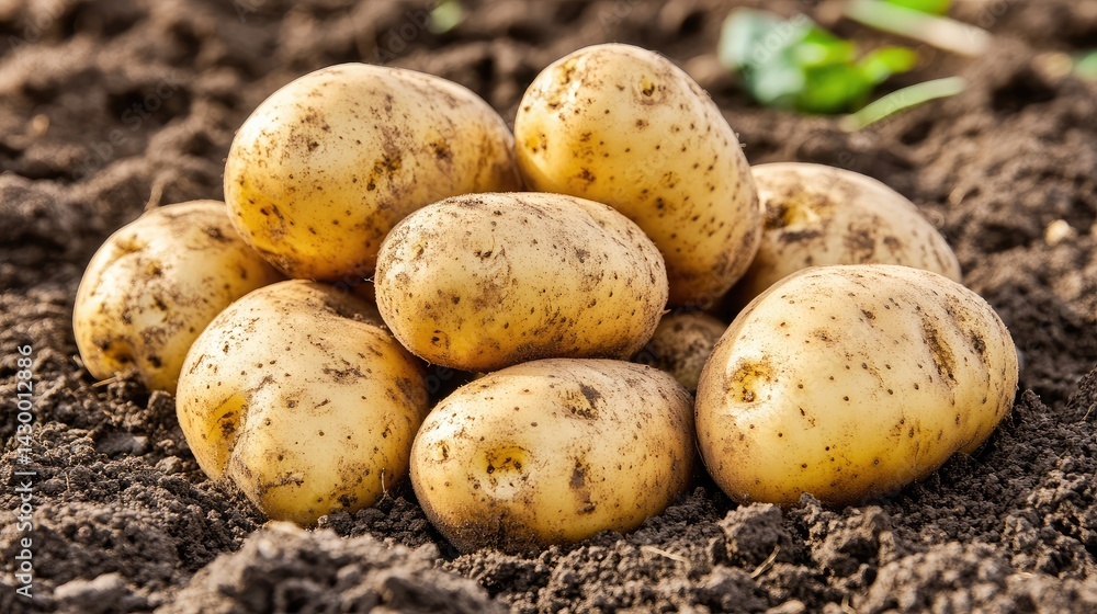 Diagonal furrows of a potato field revealing tubers in various clusters across the plowed land Diagonal furrows of a potato field revealing tubers in various clusters across the plowed land