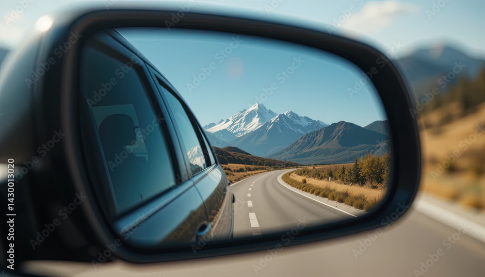 A captivating view of a mountain range, complete with snow-capped peaks, reflected in the side mirror of a car, showcasing a scenic road trip. A captivating view of a mountain range, complete with snow-capped peaks, reflected in the side mirror of a car, showcasing a scenic road trip.
