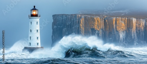 A lighthouse stands strong amidst a stormy sea and towering cliffs.