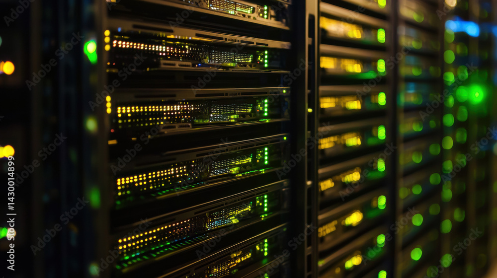 row of illuminated server racks in data center showcases vibrant glow of green and yellow lights, indicating active data processing and network connectivity row of illuminated server racks in data center showcases vibrant glow of green and yellow lights, indicating active data processing and network connectivity