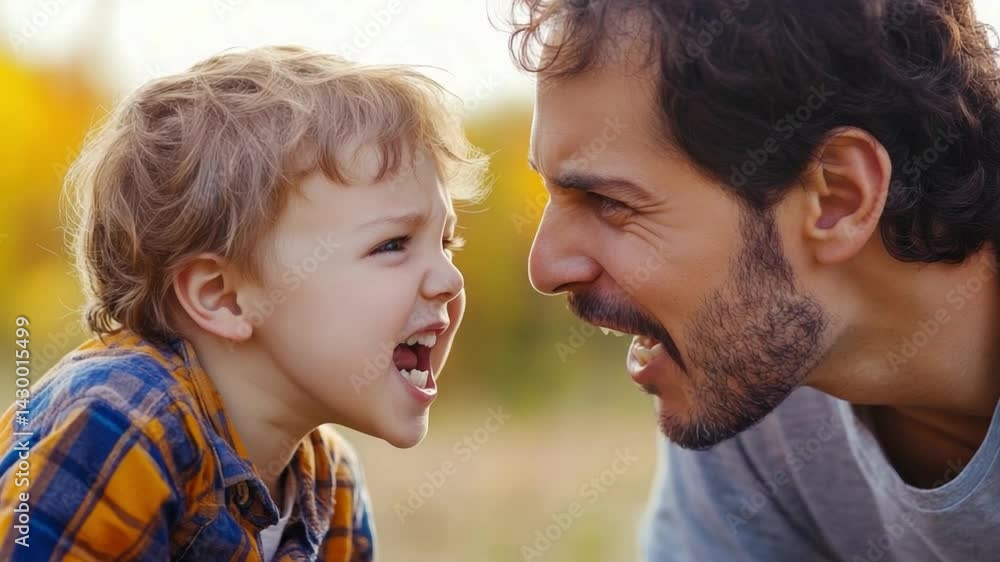 A Father and Son's Playful Scream: An heartwarming portrayal of fatherhood captured in the moment of shared playful expression. A Father and Son's Playful Scream: An heartwarming portrayal of fatherhood captured in the moment of shared playful expression.
