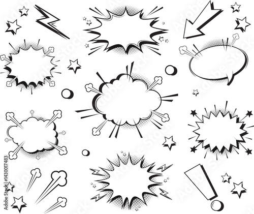 Set of comic effect shape with pop art style. Comic speech bubbles halftone dot isolated background. Comic explosions vector