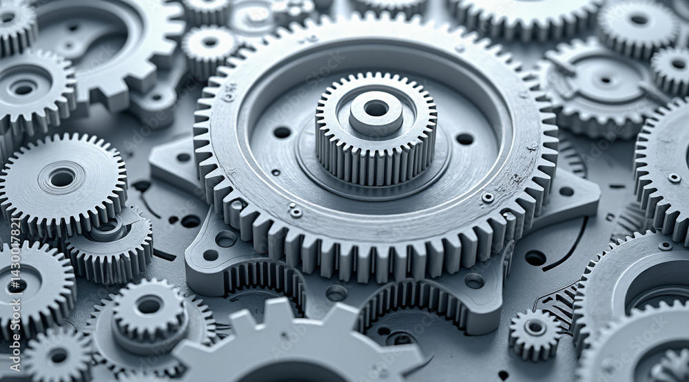 Intricate Arrangement of Metallic Gears and Cogs in a Mechanical Design Layout Intricate Arrangement of Metallic Gears and Cogs in a Mechanical Design Layout