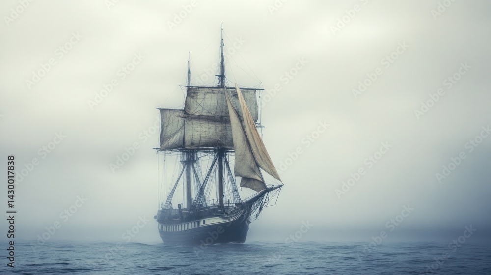 An old sailing vessel is traveling through the sea fog An old sailing vessel is traveling through the sea fog