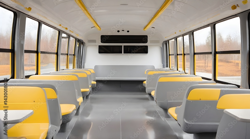 Fototapeta premium Minimalist school bus interior featuring sleek gray seats.generative.ai 