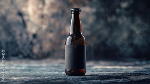 A premium beer bottle mockup with a dark glass finish, featuring a matte label design and placed against a moody background