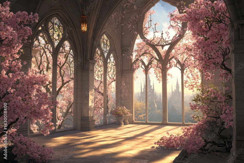 Obraz premium An elegant interior with blossoming trees framed by arched windows