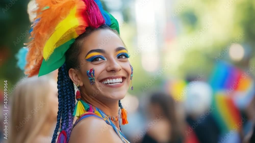 Pride Parade Portrait: Vibrant portrait of a joyous individual adorned in a flamboyant feathered headdress, embodying the spirit of pride in a celebration of self-expression and unity. Pride Parade Portrait: Vibrant portrait of a joyous individual adorned in a flamboyant feathered headdress, embodying the spirit of pride in a celebration of self-expression and unity.