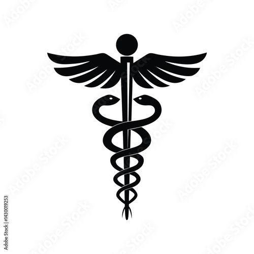 Classic caduceus icon in bold black white vector artwork.